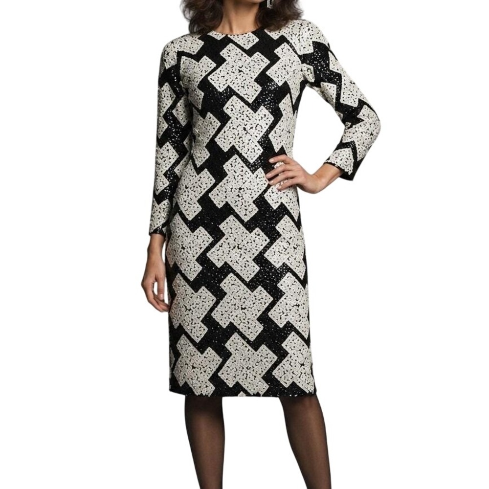 Vintage 80s Black White Sequin Geometric Cocktail Dress Art Deco‎ Glam Midi